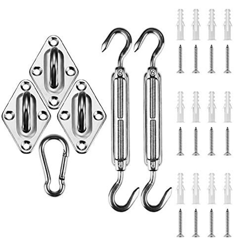 Stainless steel shade sail hardware kit parts: two turnbuckles, snap hooks, pad eyes, anchors