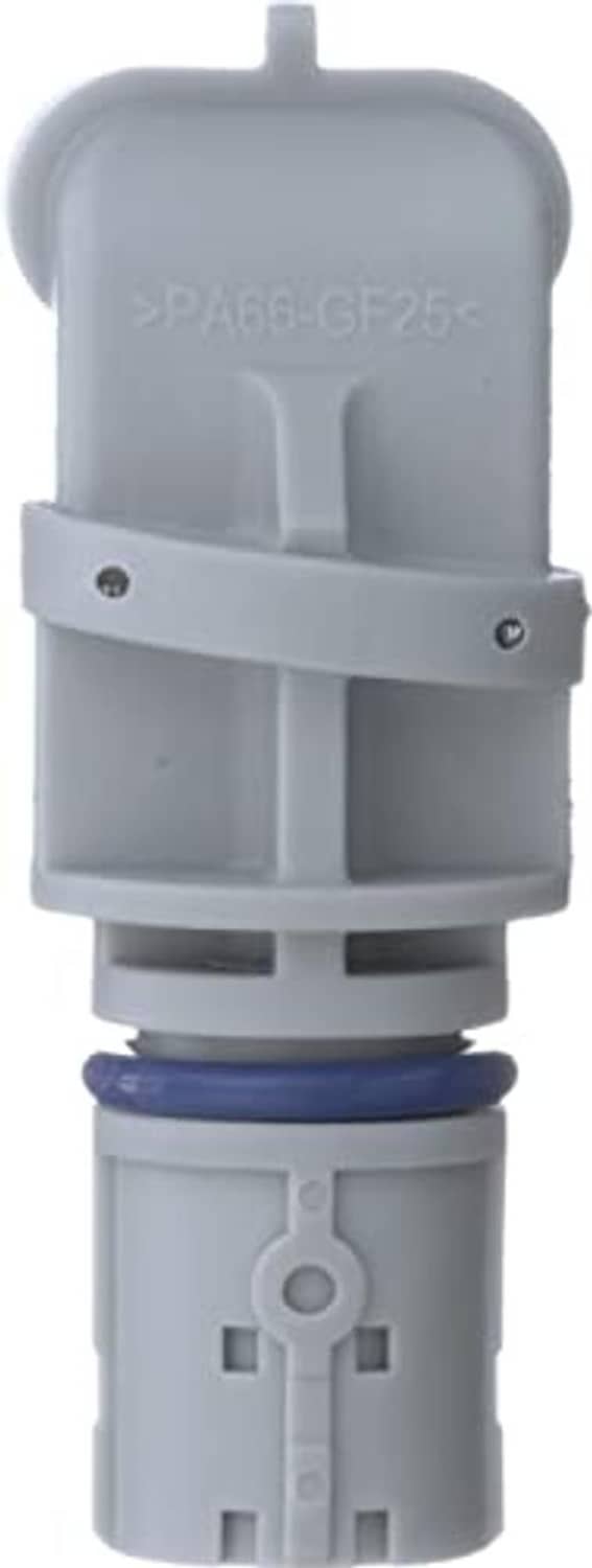 Gray engine crankshaft position sensor with labeled top cap and blue rubber seal