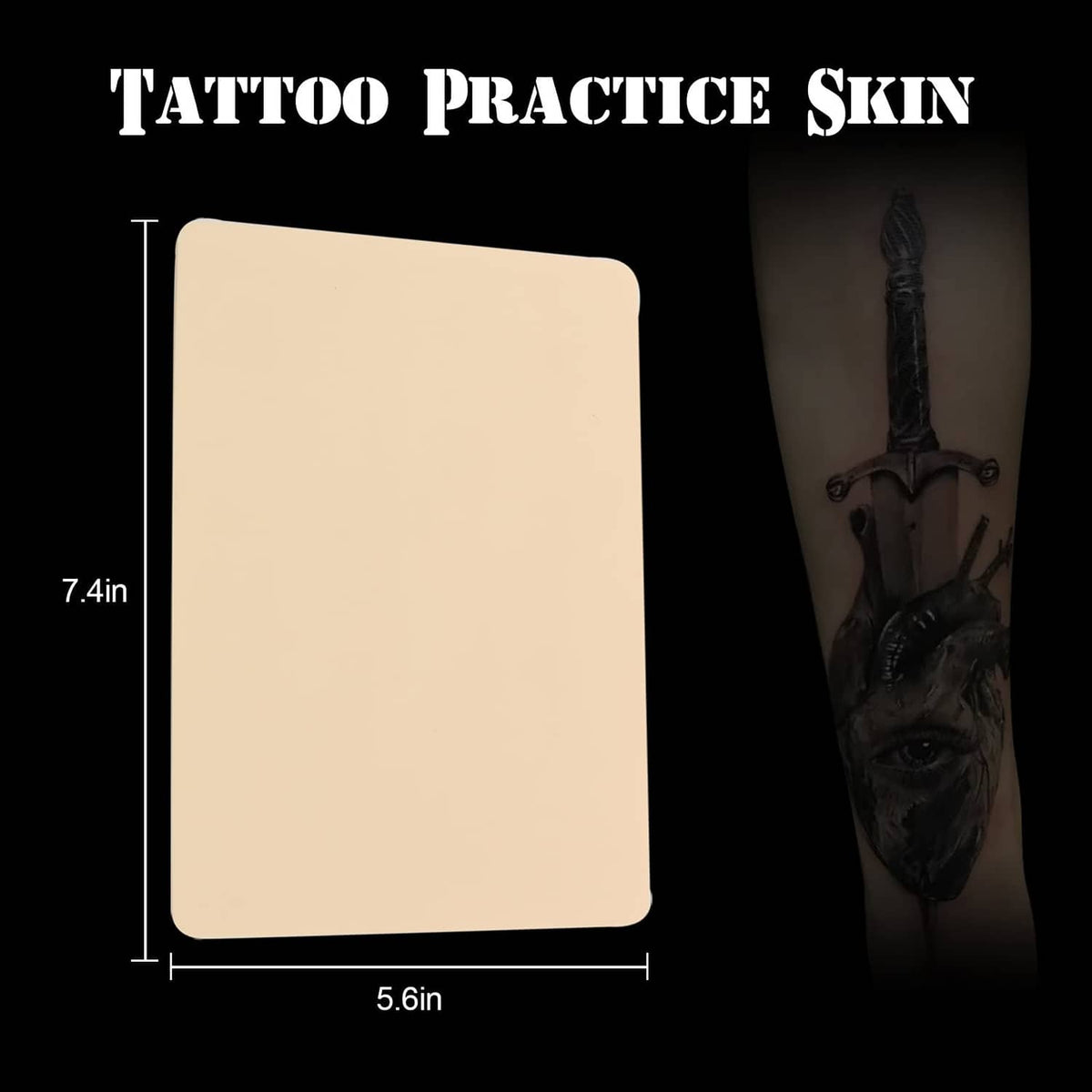 Beige tattoo practice skin pad, 7.4 in by 5.6 in size illustration