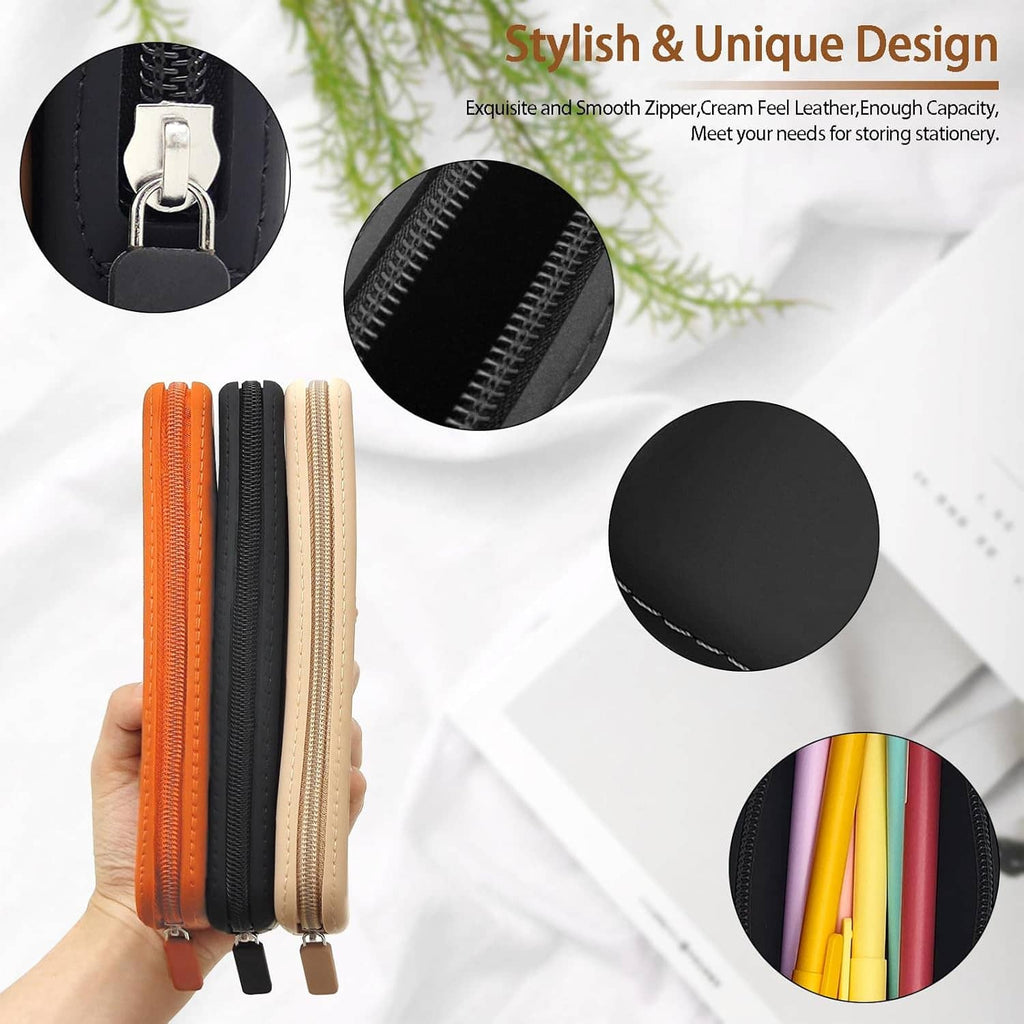 Silicone pencil case set in black, orange, and beige with smooth zip closure