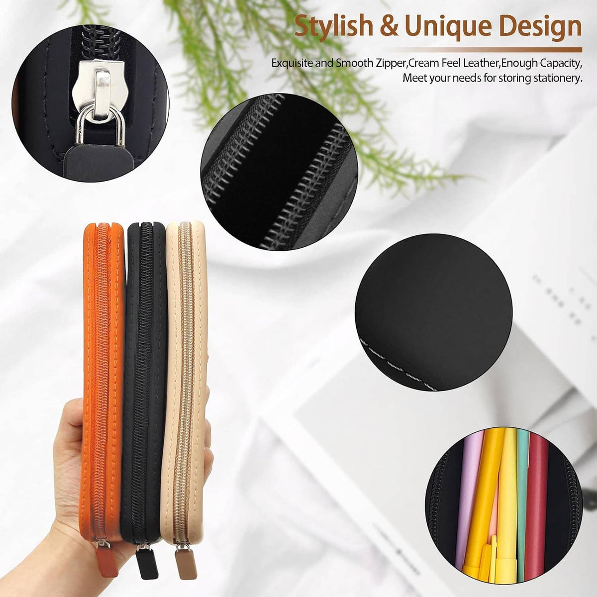 Silicone pencil case set in black, orange, and beige with smooth zip closure