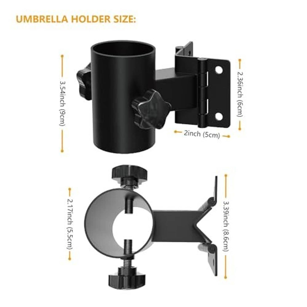 Black umbrella holder clamp on tube with side bracket and two screw posts