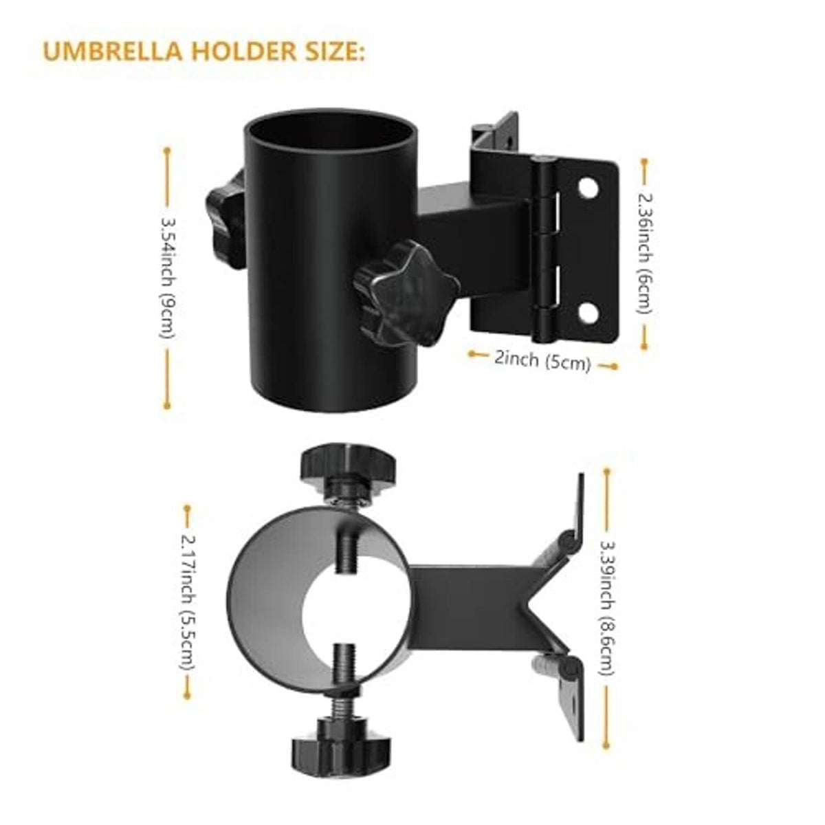 Black umbrella holder clamp on tube with side bracket and two screw posts