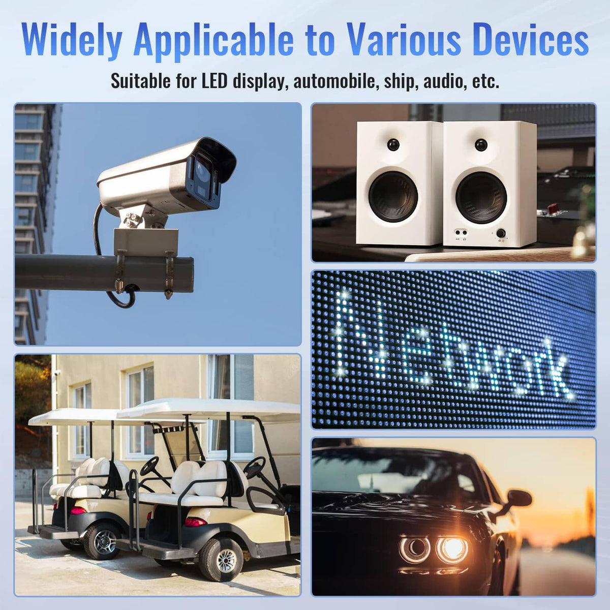 DC power converter shown connected for use with vehicles, audio, and LED displays