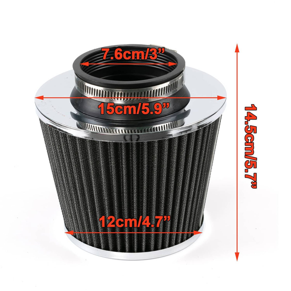 Cone air intake dry air filter with dark pleated mesh cylinder and silver mounting rim