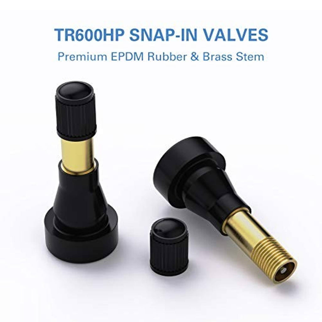 Set of snap-in tire valve stems in black rubber with gold brass stems