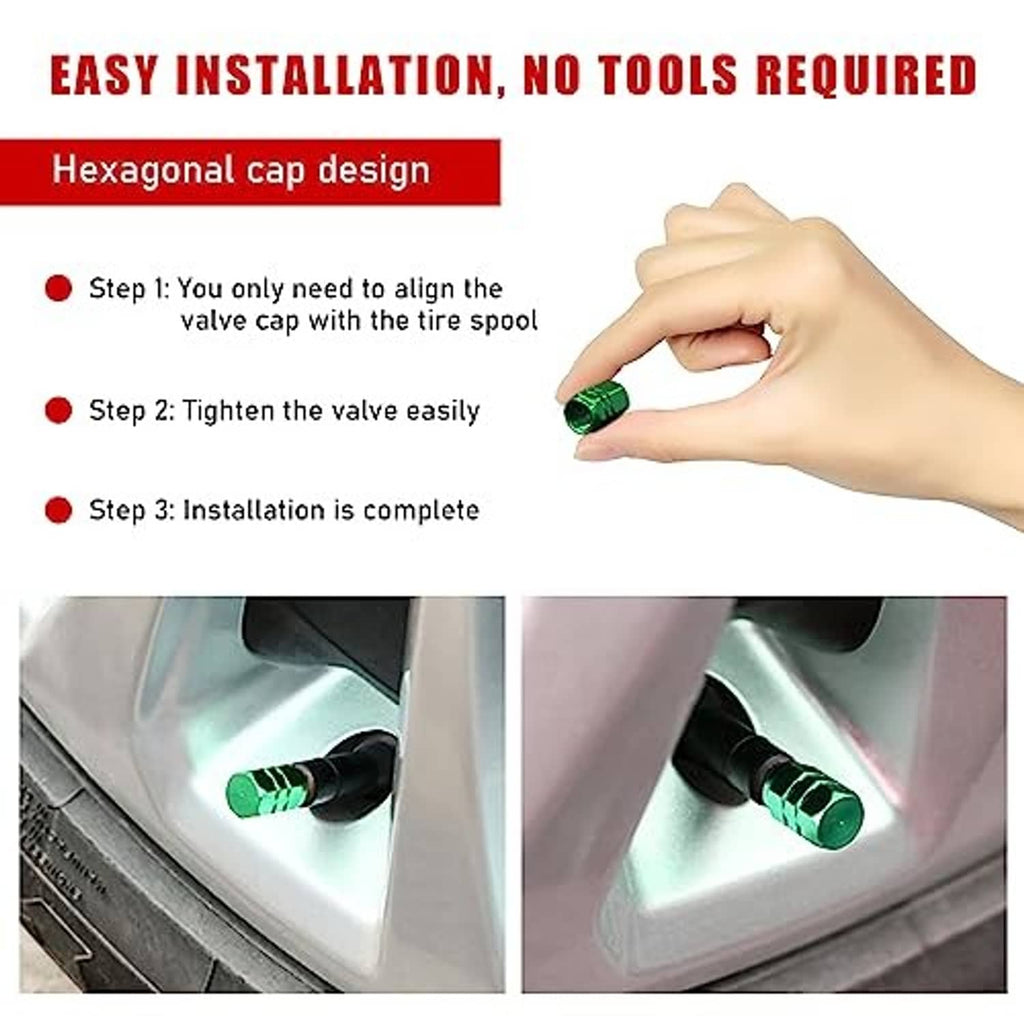 Green hexagonal wheel valve cap installation shown by a hand, no tools required