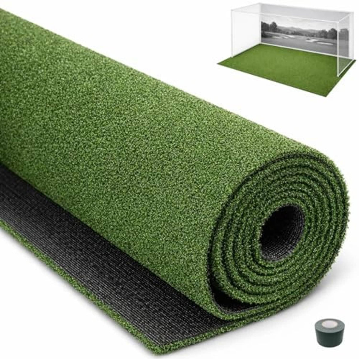 Rolled green artificial turf golf mat with dark base backing for simulator placement