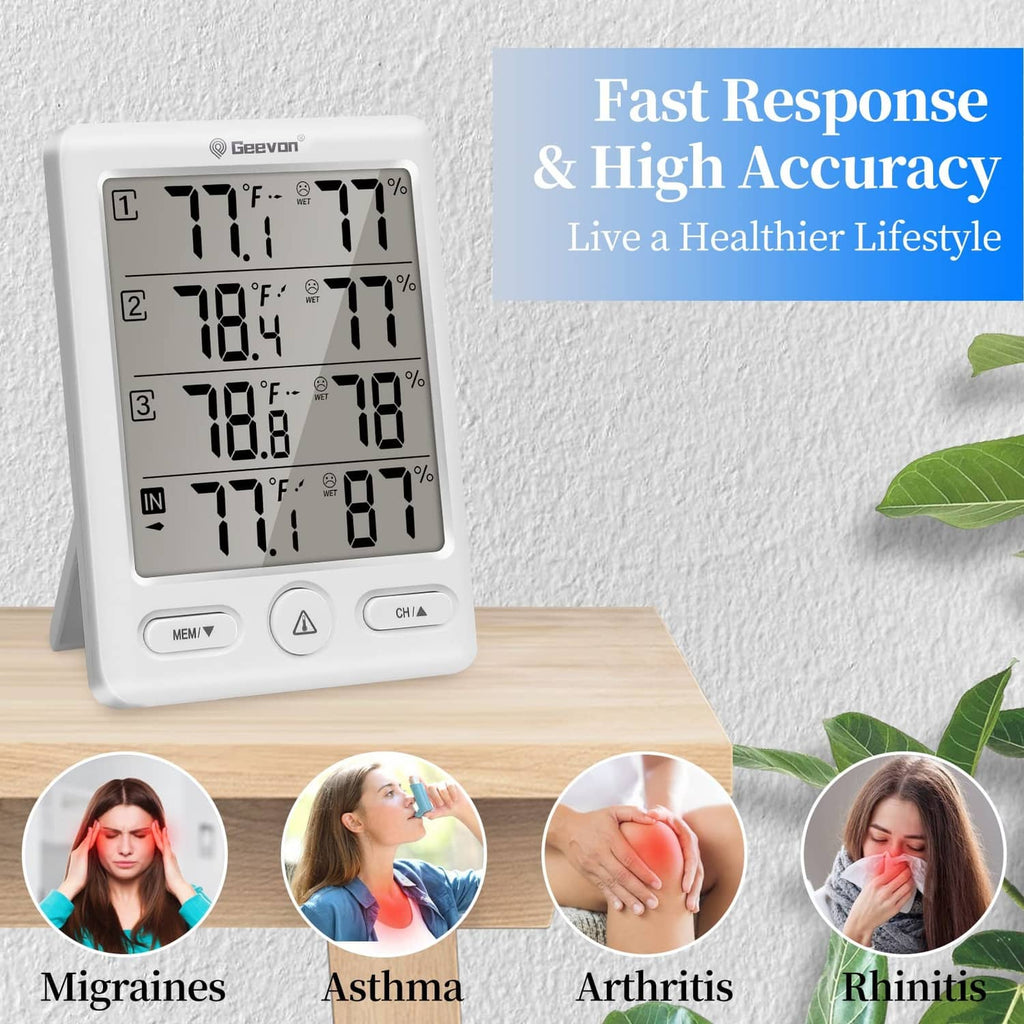 Wireless thermometer with LCD screen displaying temperature and humidity, three-channel layout