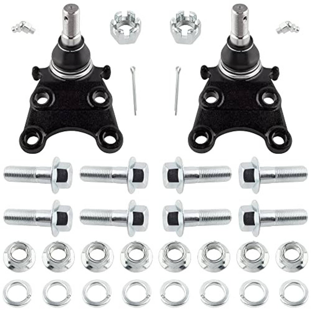Front ball joint bracket with black boot and mounting holes, bundled with bolts and nuts