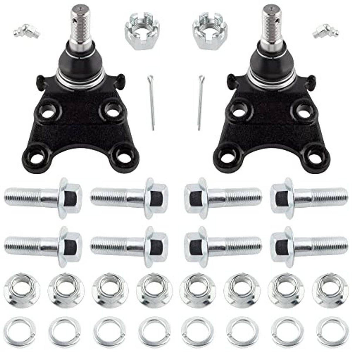 Front ball joint bracket with black boot and mounting holes, bundled with bolts and nuts