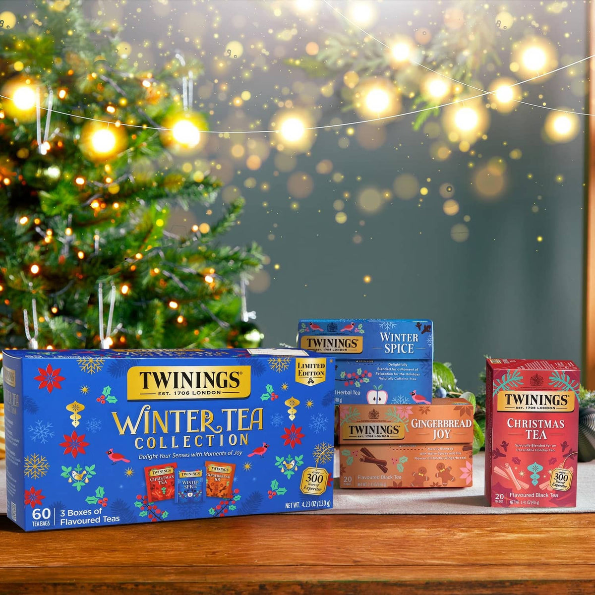 Twinings Winter Tea Collection set with Gingerbread Joy, Winter Spice, and Christmas Tea boxes