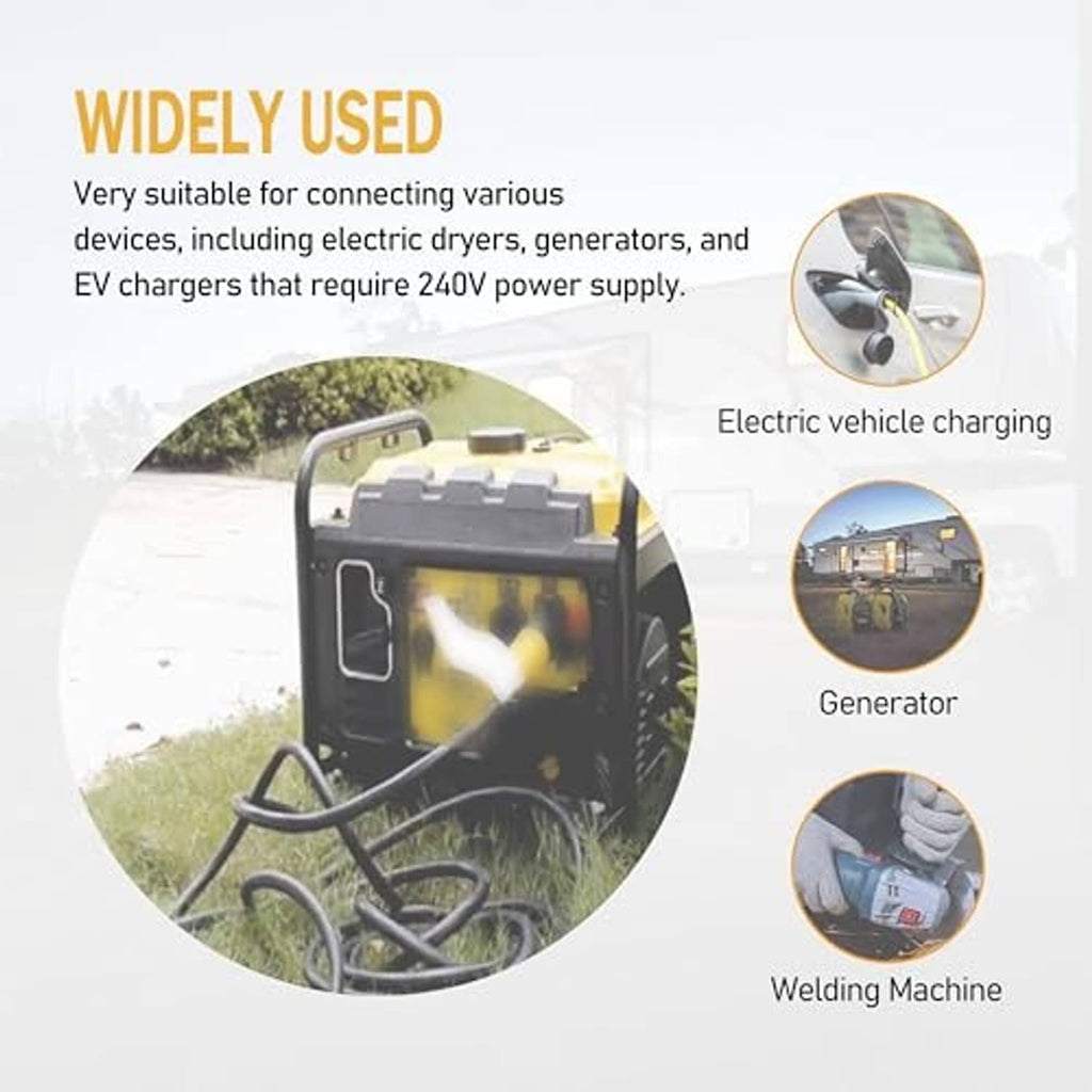 Yellow adapter with twist-lock plug and prongs, ready for generator power connection