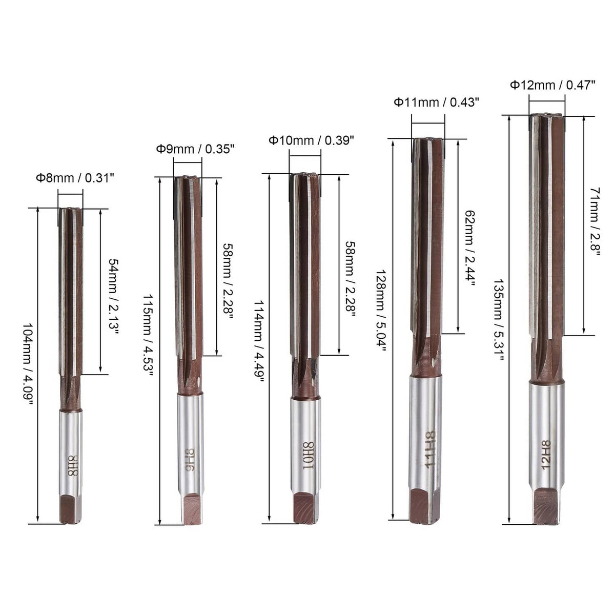 Straight shank hand reamers with fluted cutting ends and printed size codes
