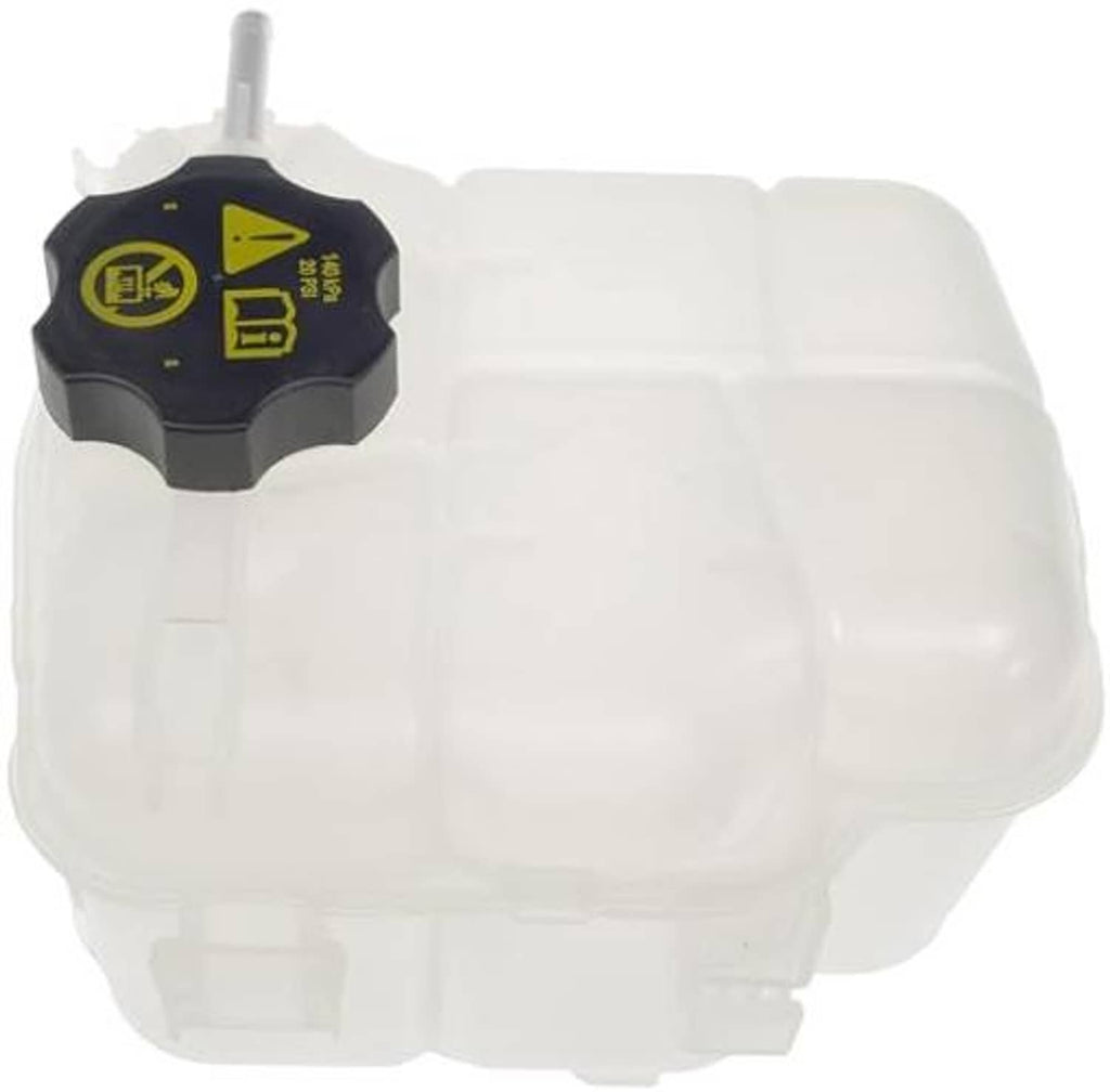 White coolant reservoir with warning cap on top and outlet tube