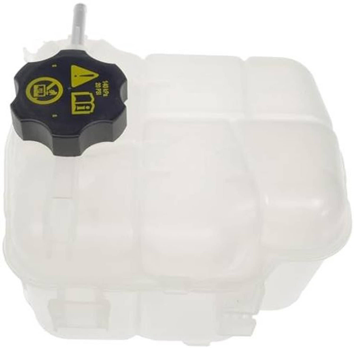 White coolant reservoir with warning cap on top and outlet tube