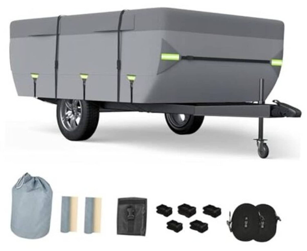 Gray pop-up camper trailer cover with side straps and elastic hem