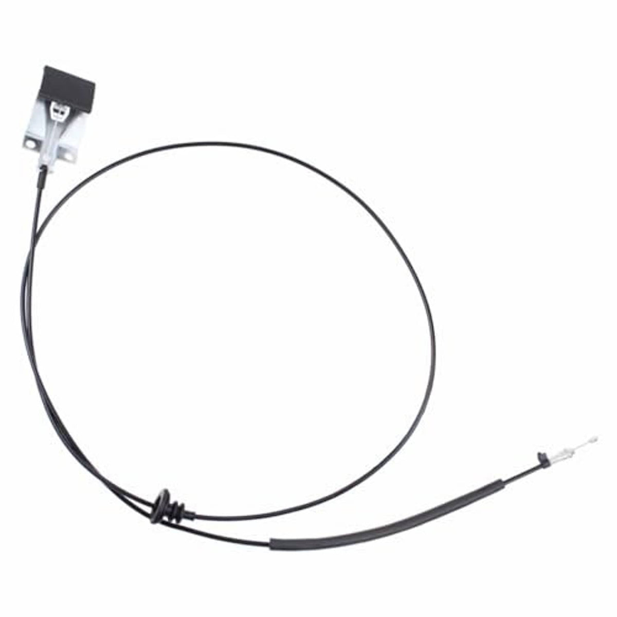Hood release cable in black with metal bracket and release cable ends