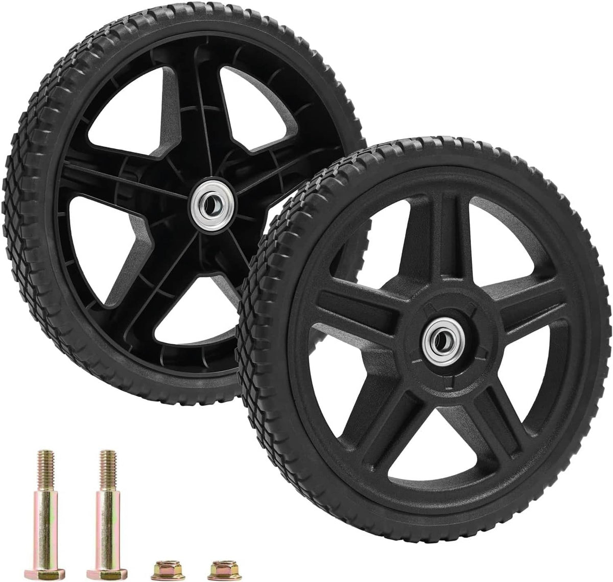 14-inch lawn mower wheels, 2-pack with bolts and nuts; black rubber tread