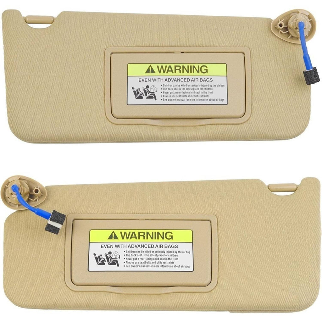 Tan sun visors with vanity mirror lights and warning label panels, blue cord visible
