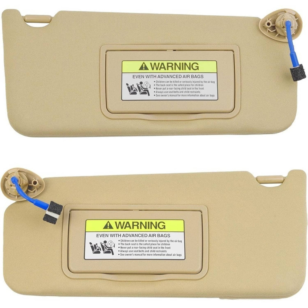 Tan sun visors with vanity mirror lights and warning label panels, blue cord visible