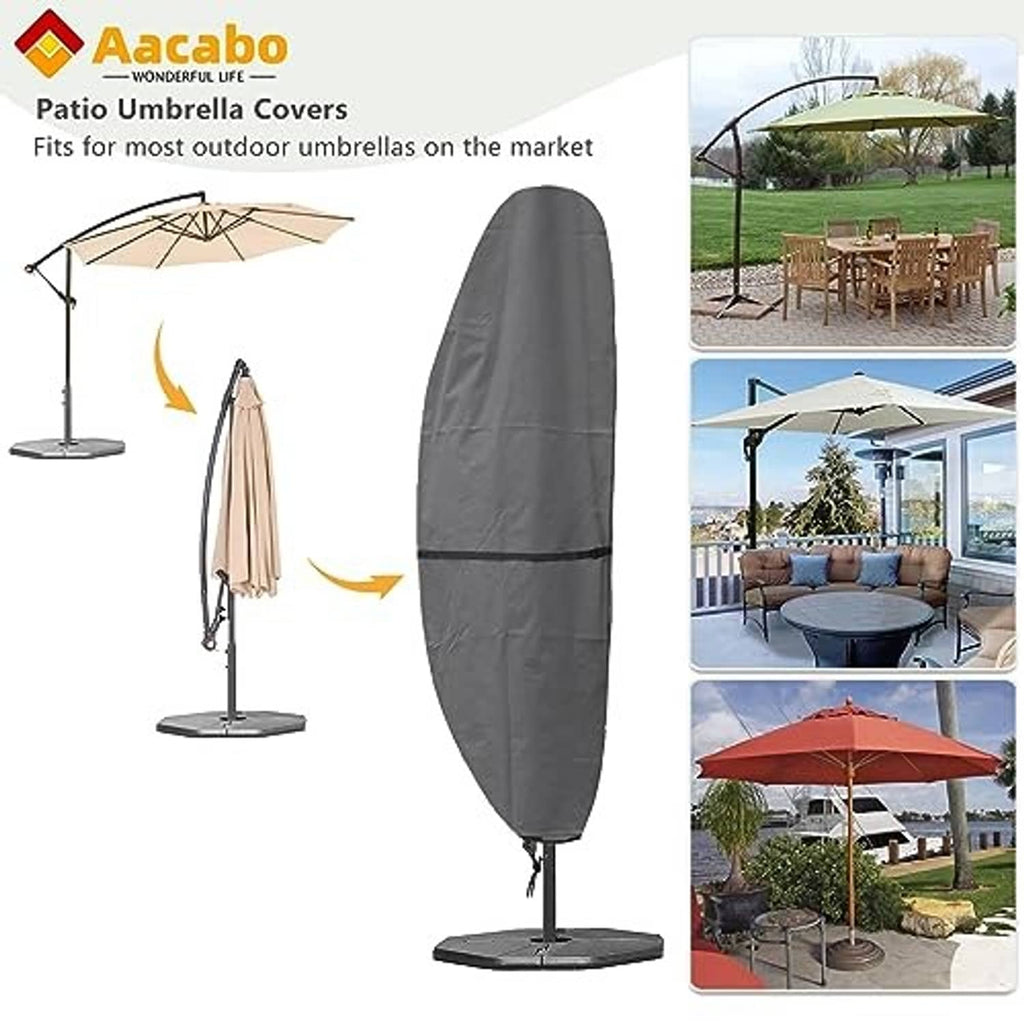 Grey cantilever umbrella cover, full-length fabric cover with secure bottom tie