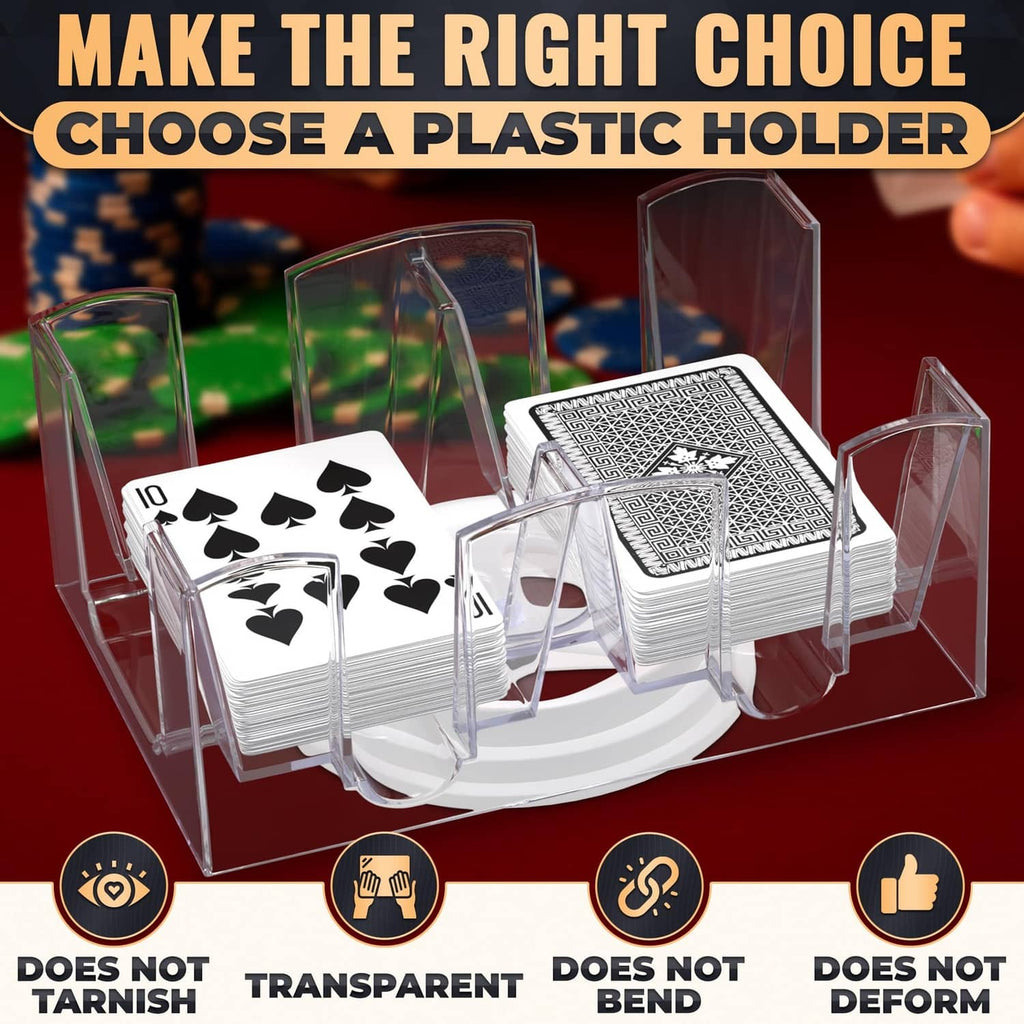 Transparent plastic rotating card holder with 6 deck stacks and raised clear dividers.