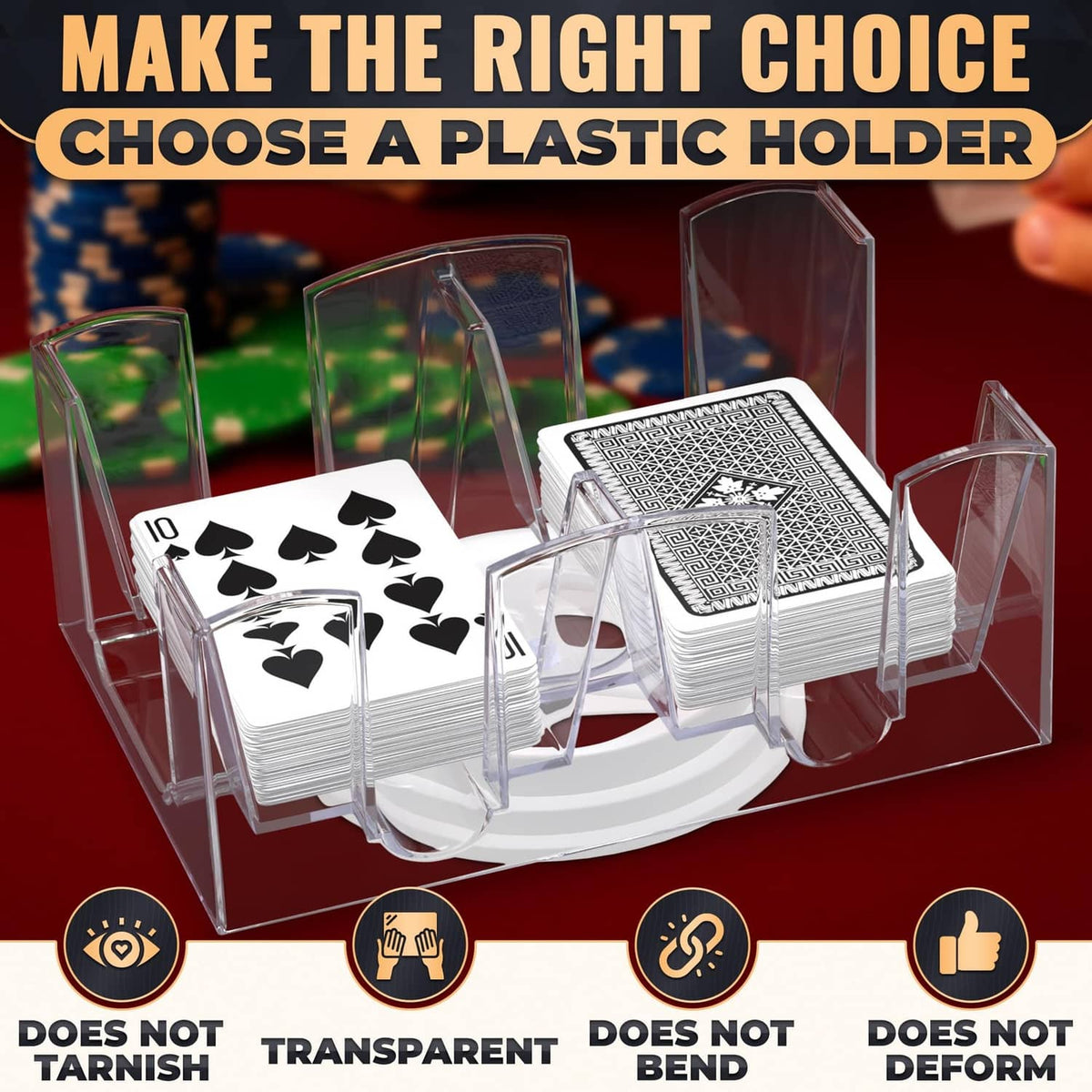 Transparent plastic rotating card holder with 6 deck stacks and raised clear dividers.
