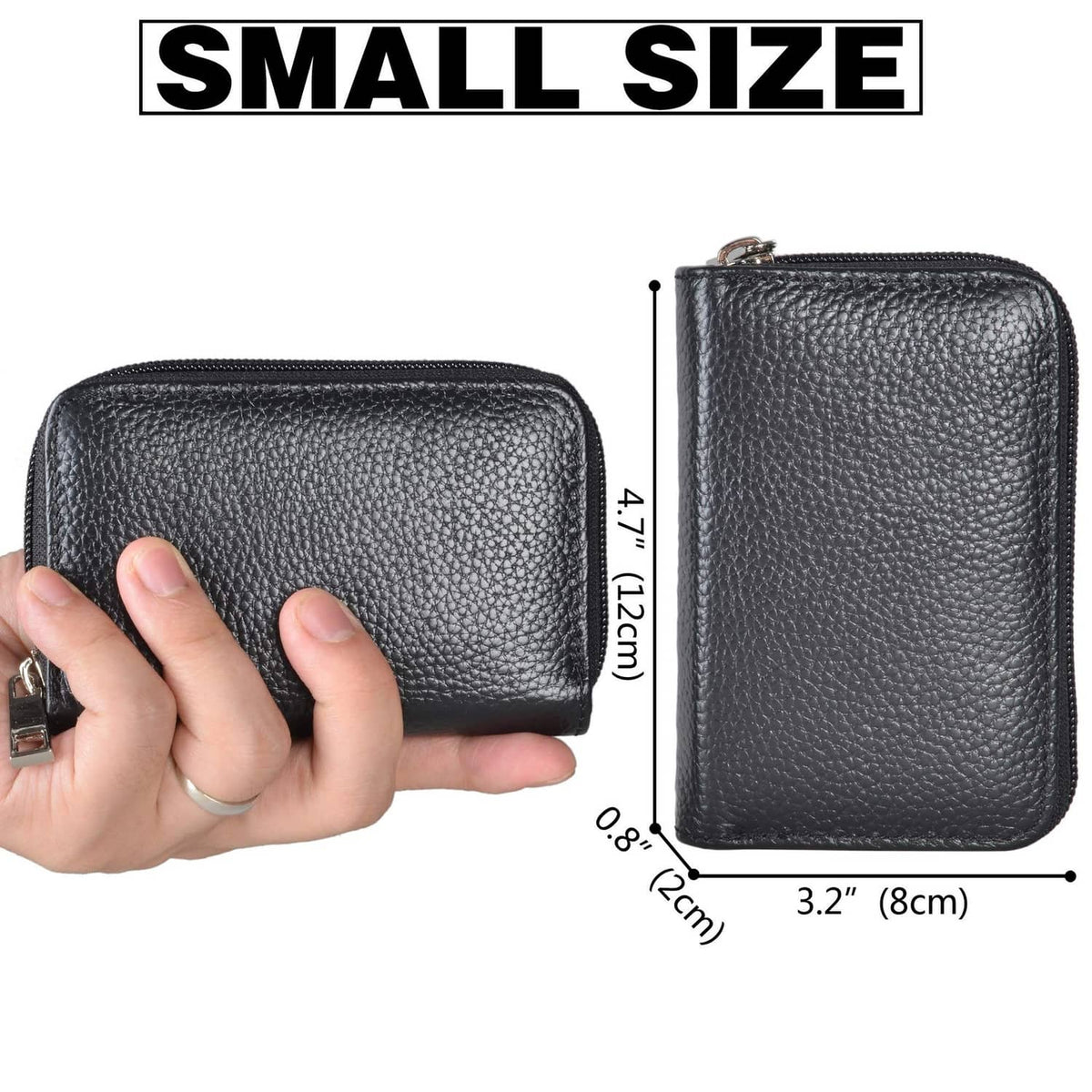 Compact textured leather zip card wallet, front and back size view
