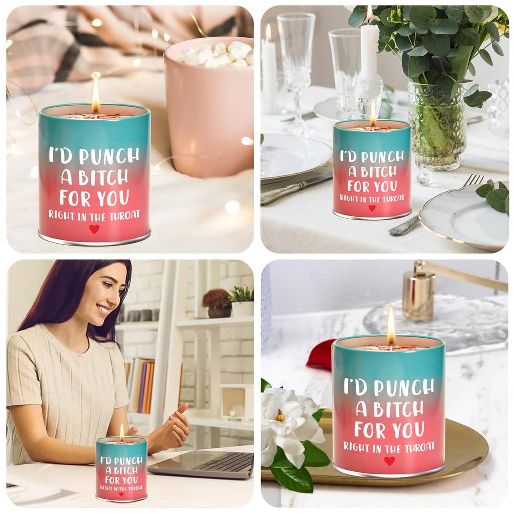 Scented candle in teal metal cup with pink wax, shown in gift and home settings