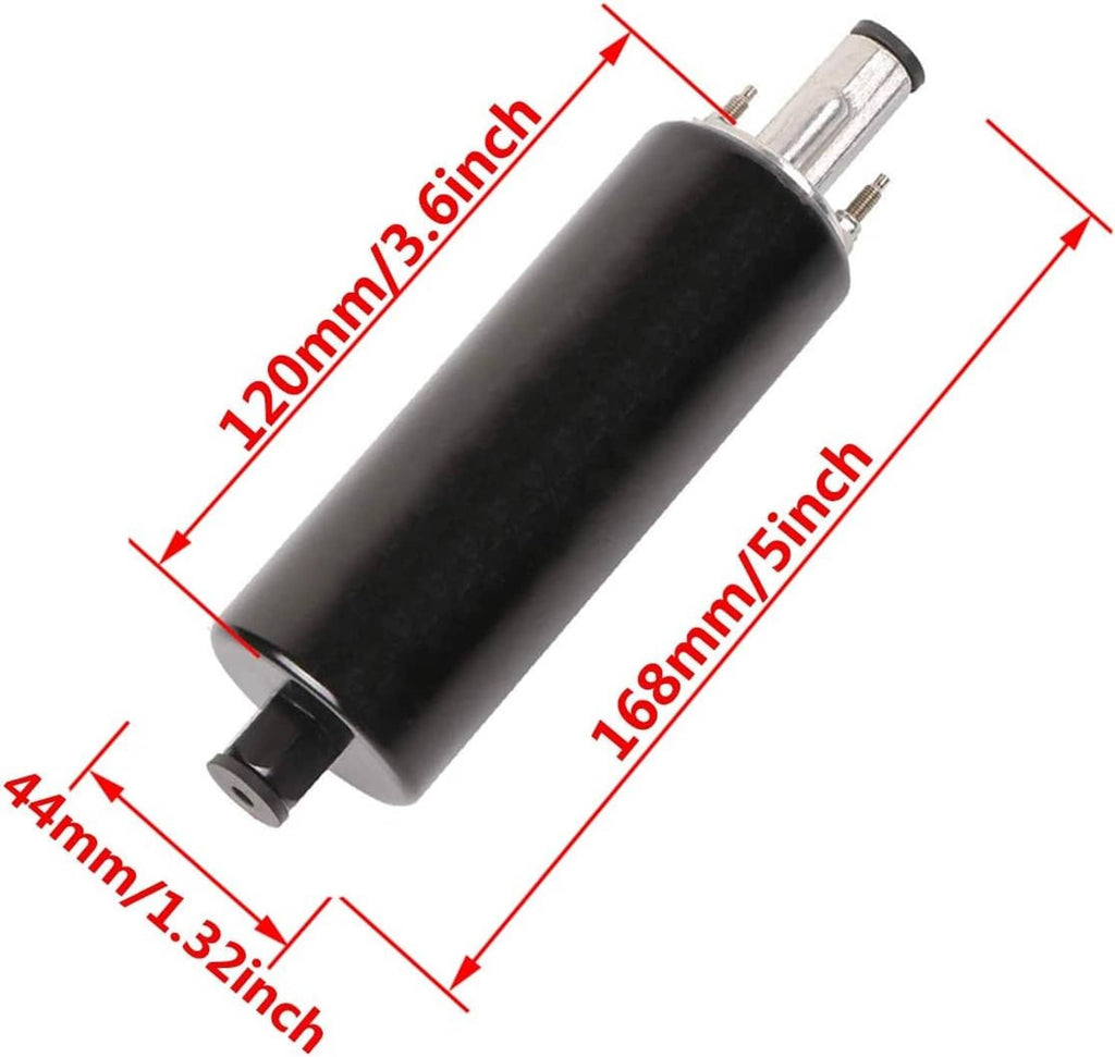 Inline fuel pump, black cylinder; labeled 168mm length and 44mm diameter