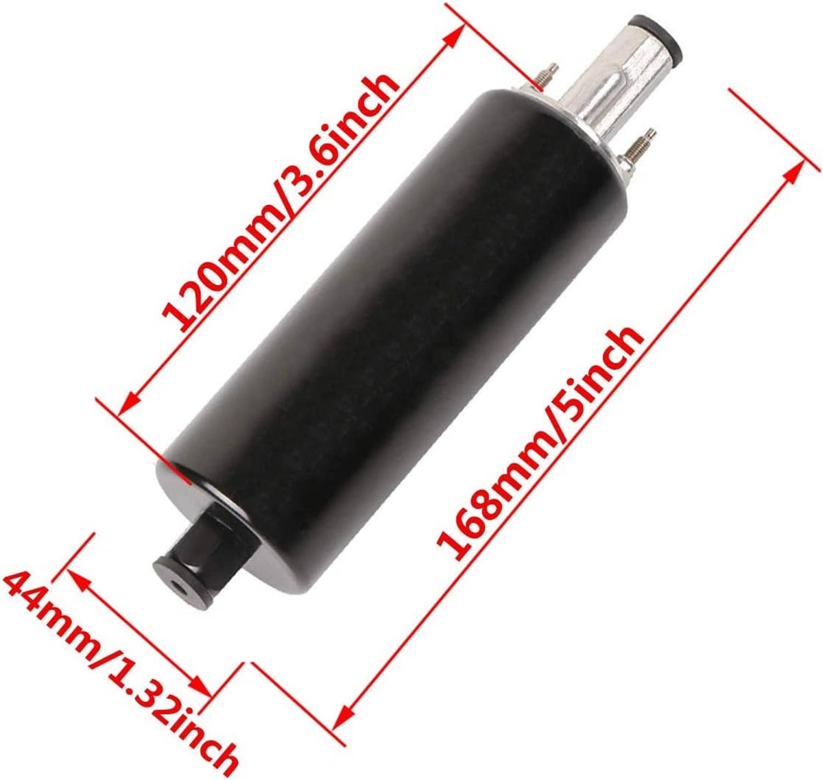 Inline fuel pump, black cylinder; labeled 168mm length and 44mm diameter
