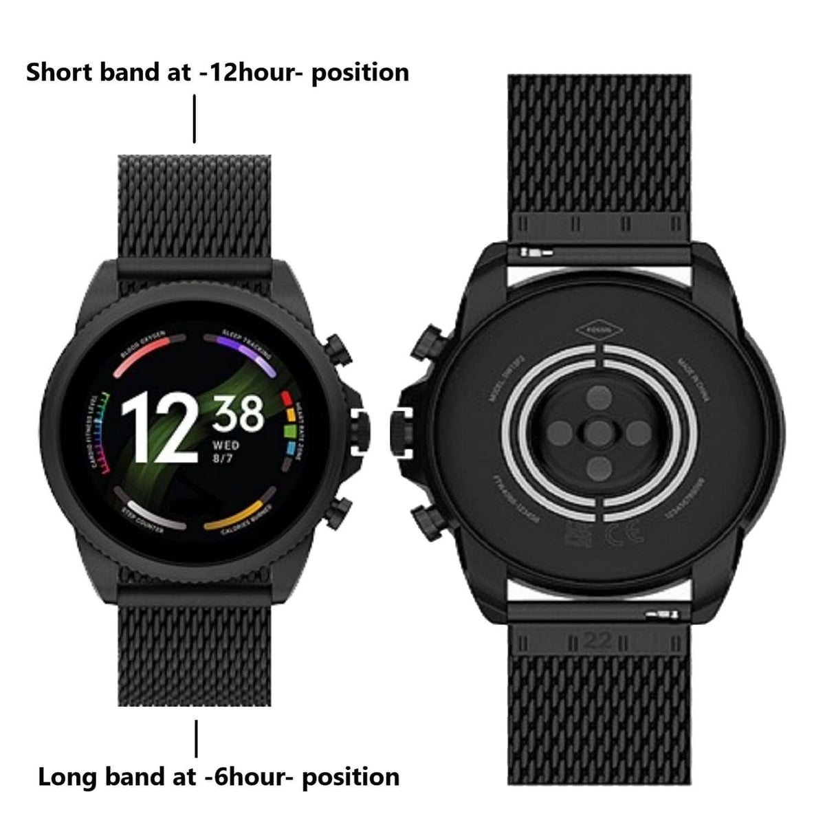 Black stainless steel mesh watch band showing shorter and longer strap positions