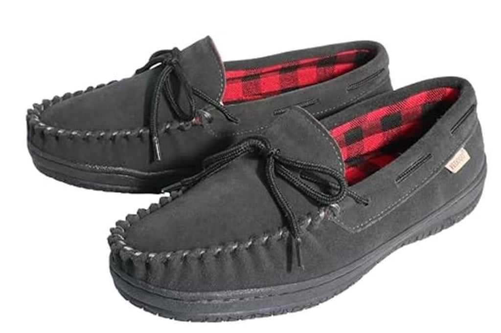 Pair of men’s charcoal gray leather moccasin slippers with lace-up and red plaid interior.