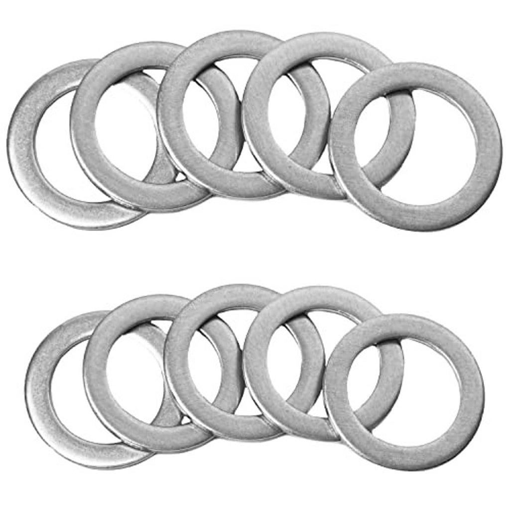 Set of five gray metal oil drain plug crush washers with round ring shape