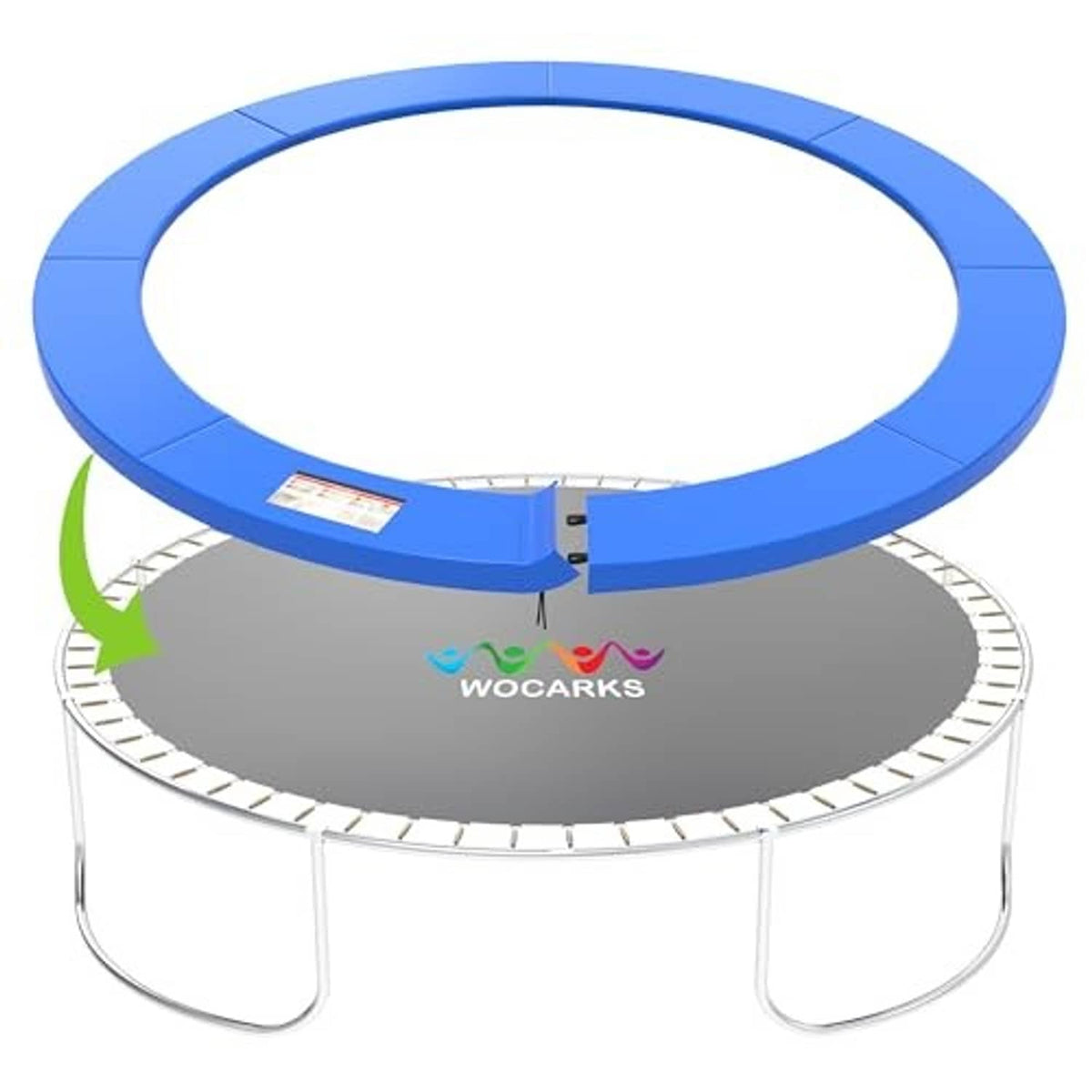 Blue trampoline replacement pad with gray center and split panels, black attachment straps