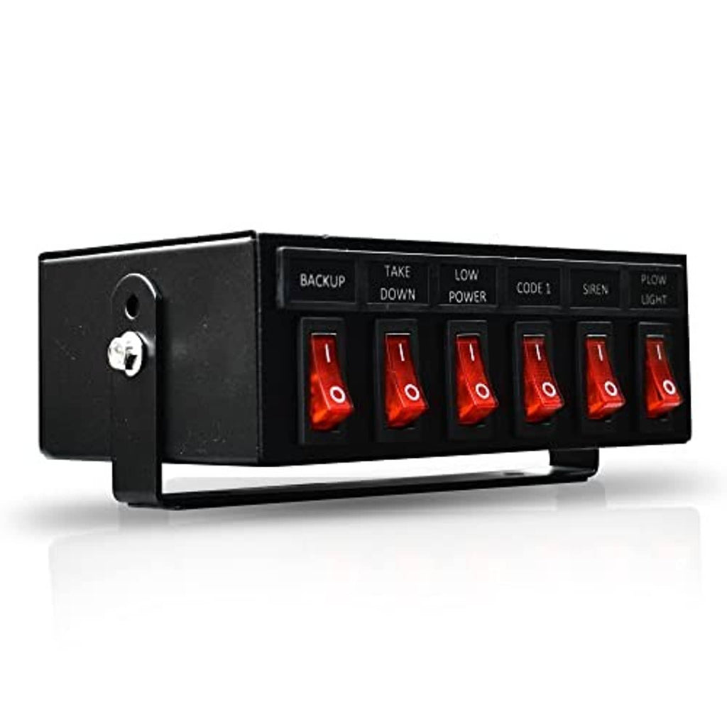 Black 6-switch backlit controller box showing six red illuminated rocker switches