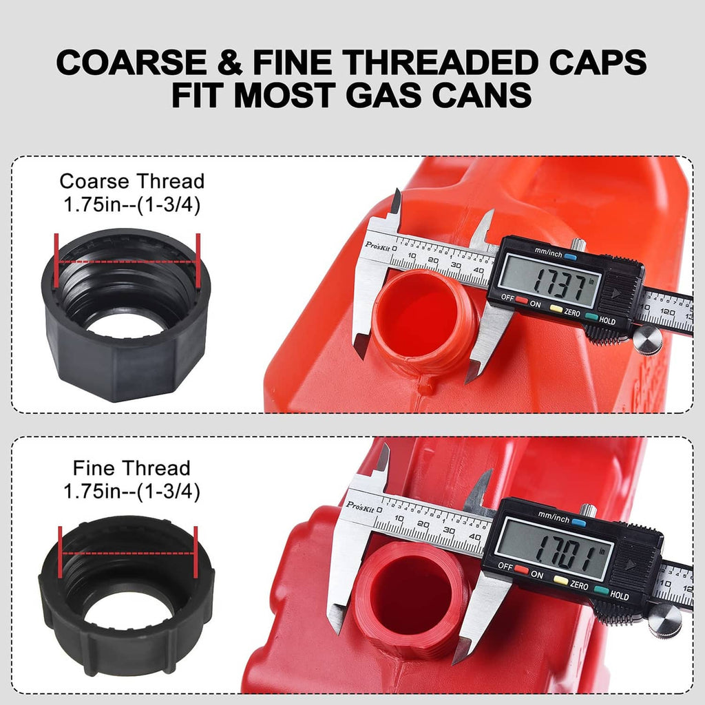 Threaded gas can spout caps with measuring tool, coarse and fine thread options