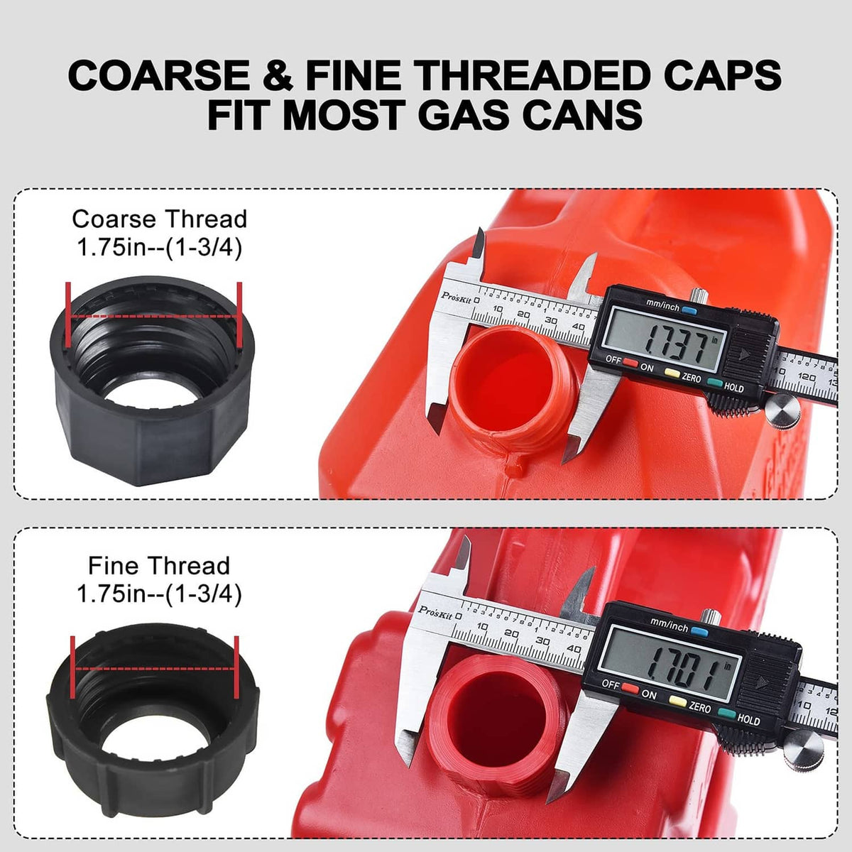 Threaded gas can spout caps with measuring tool, coarse and fine thread options