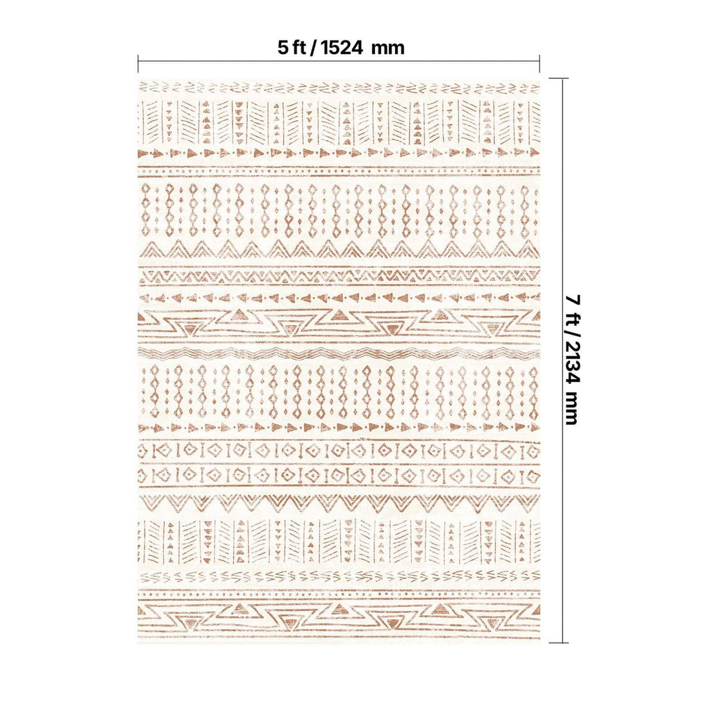 Beige geometric area rug with brown motif stripes in a rectangular layout