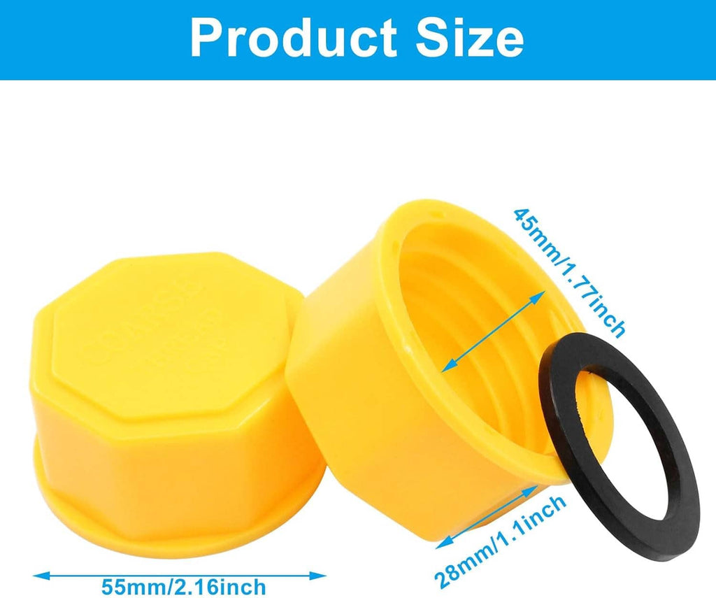 Yellow gas can replacement caps with coarse threads and black gasket seals