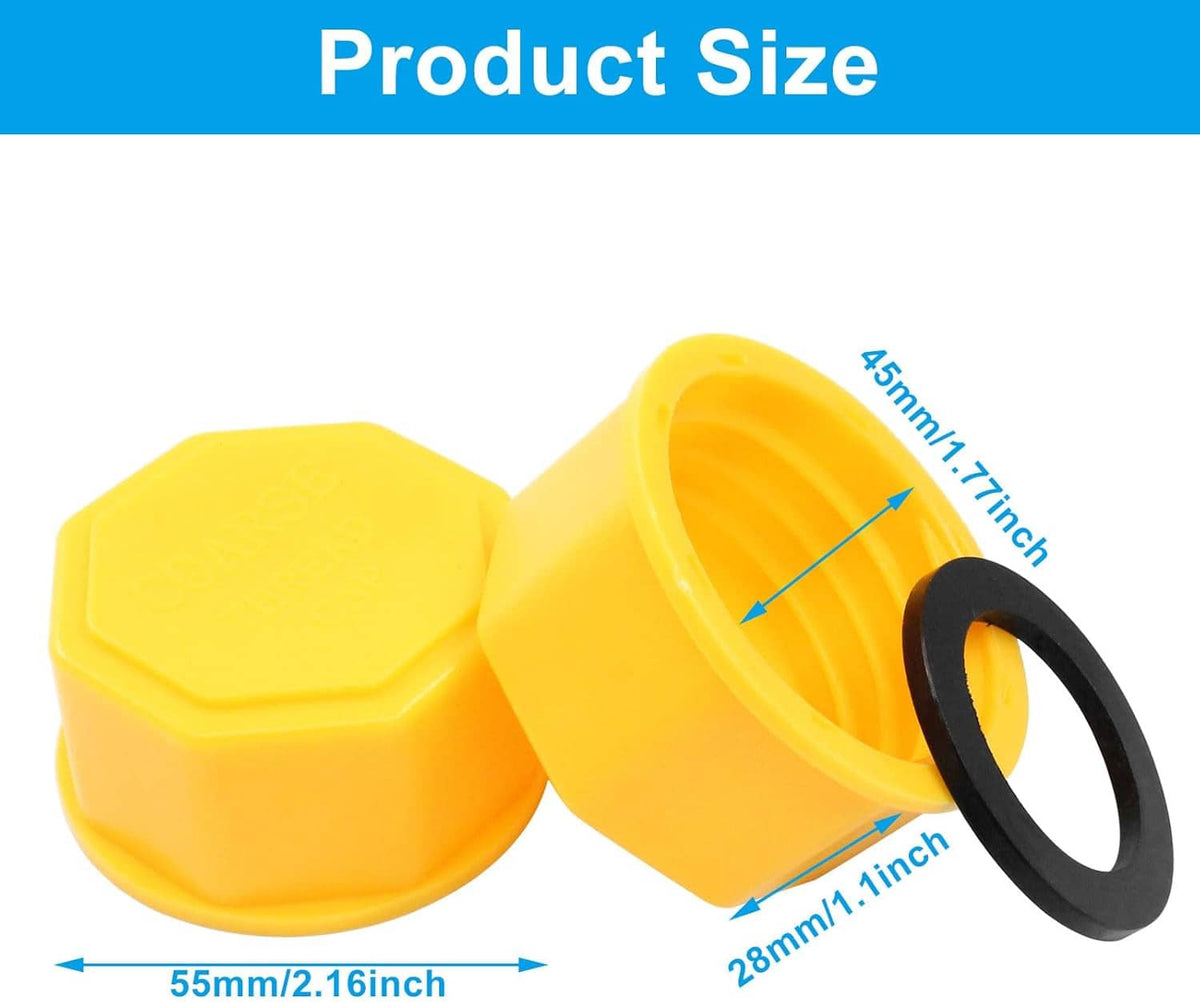 Yellow gas can replacement caps with coarse threads and black gasket seals