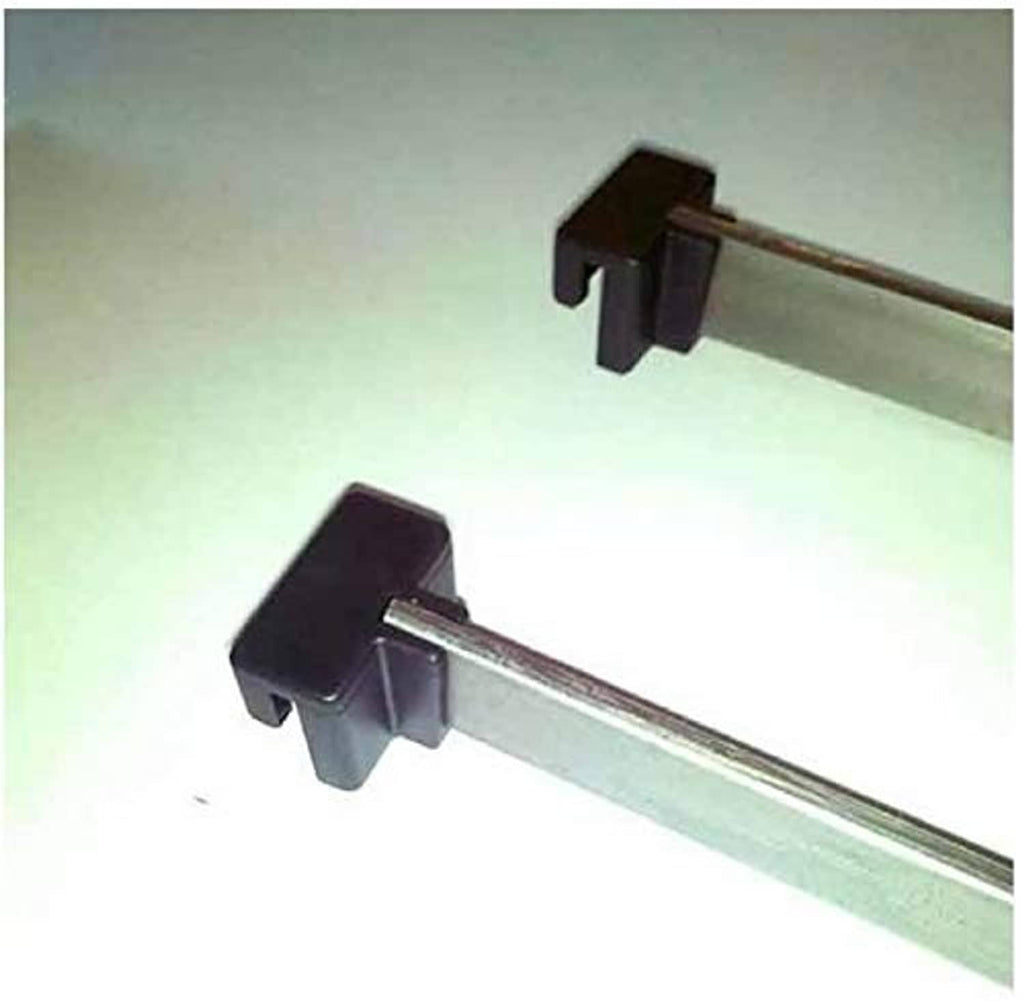 Black hanging file rail clip on metal rod, close-up of prongs