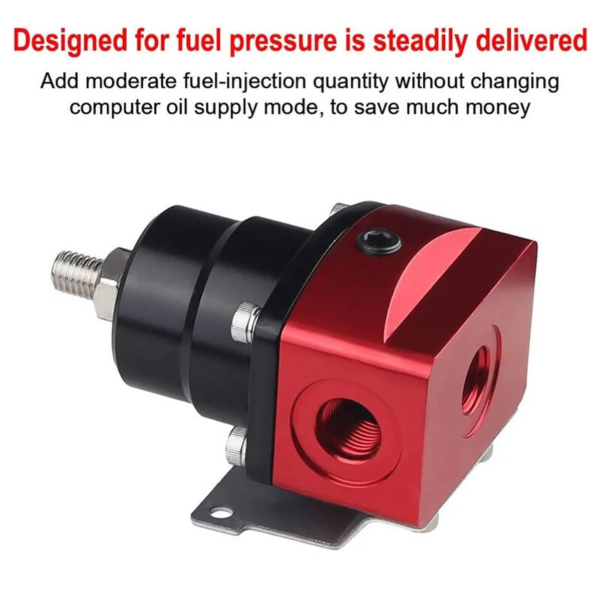 Universal adjustable fuel pressure regulator with red and black housing and fittings