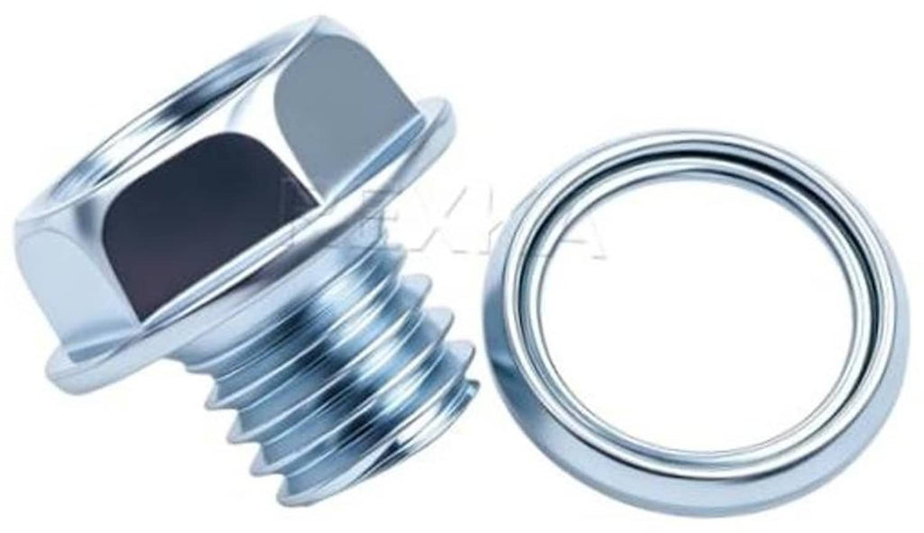 Transmission drain plug and gasket set, chrome silver threaded plug with round seal ring
