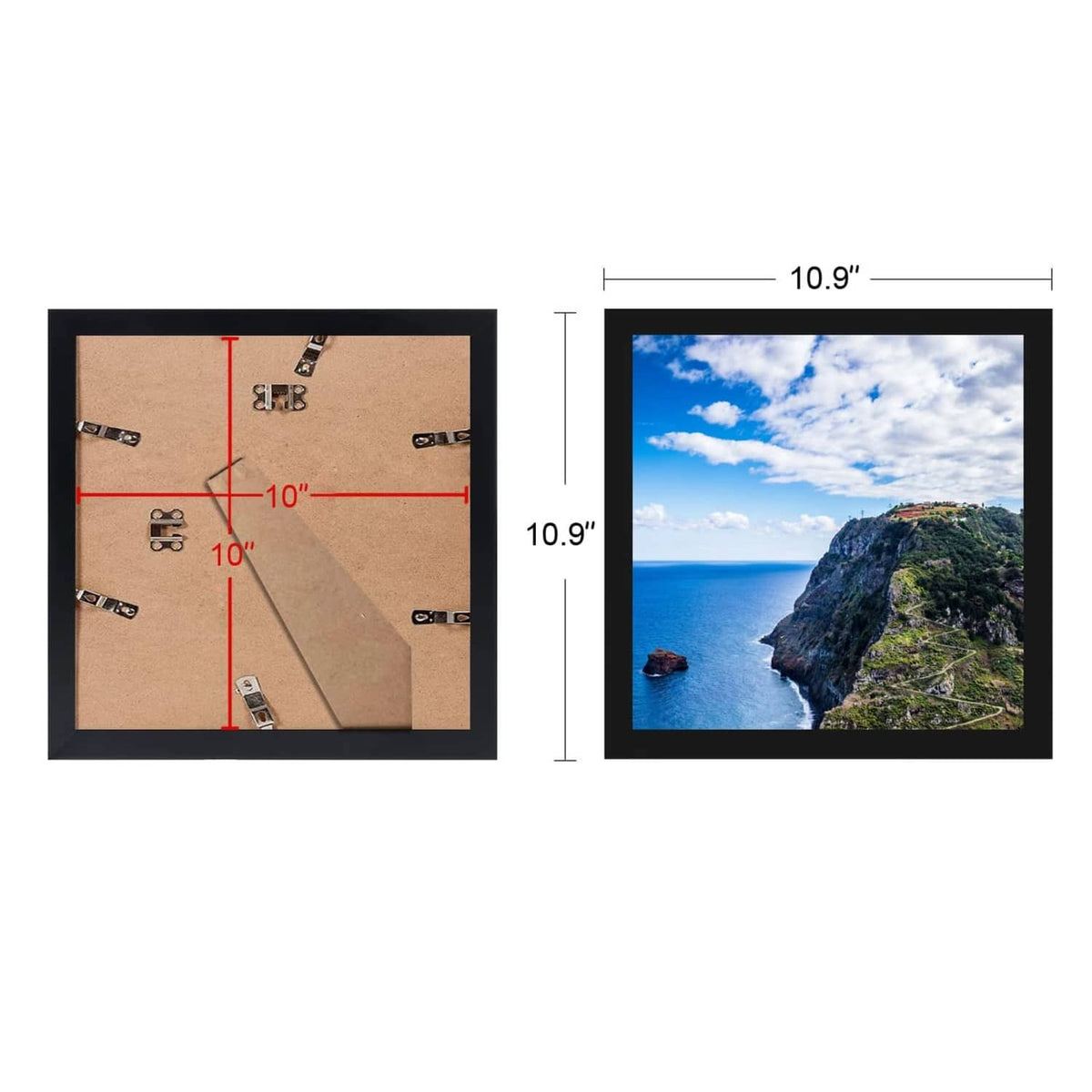 Black square picture frame with clear plexiglass front and landscape photo, size shown