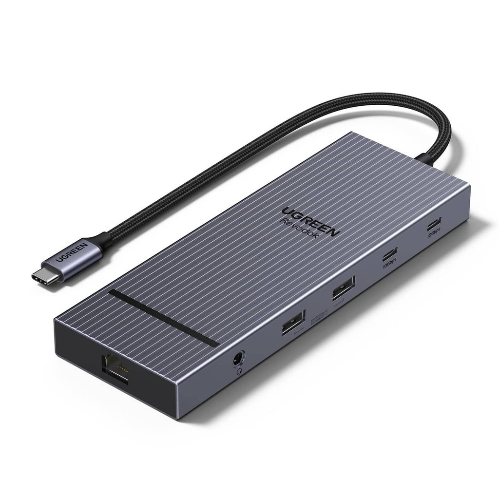 UGREEN grey USB-C docking station with attached USB-C cable and front USB ports