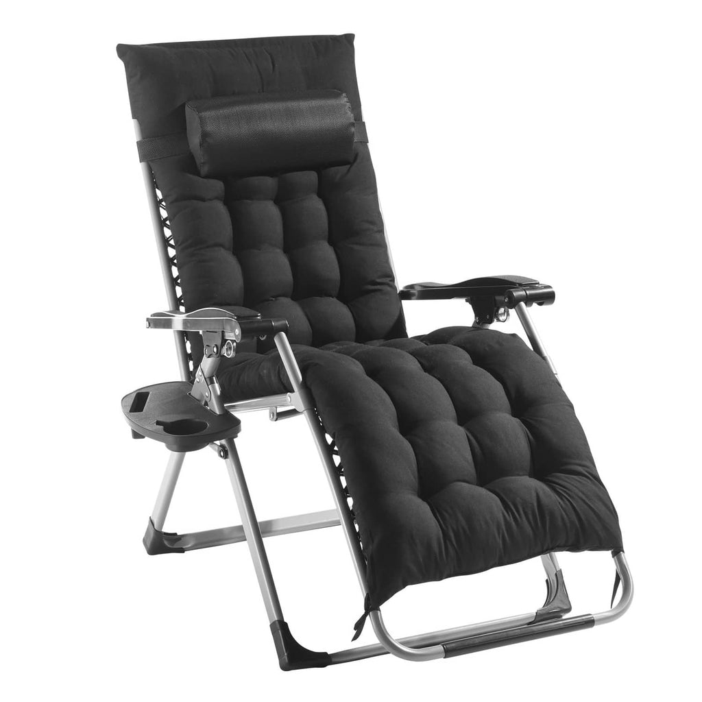 Black zero-gravity recliner chair with cup holder tray and padded headrest