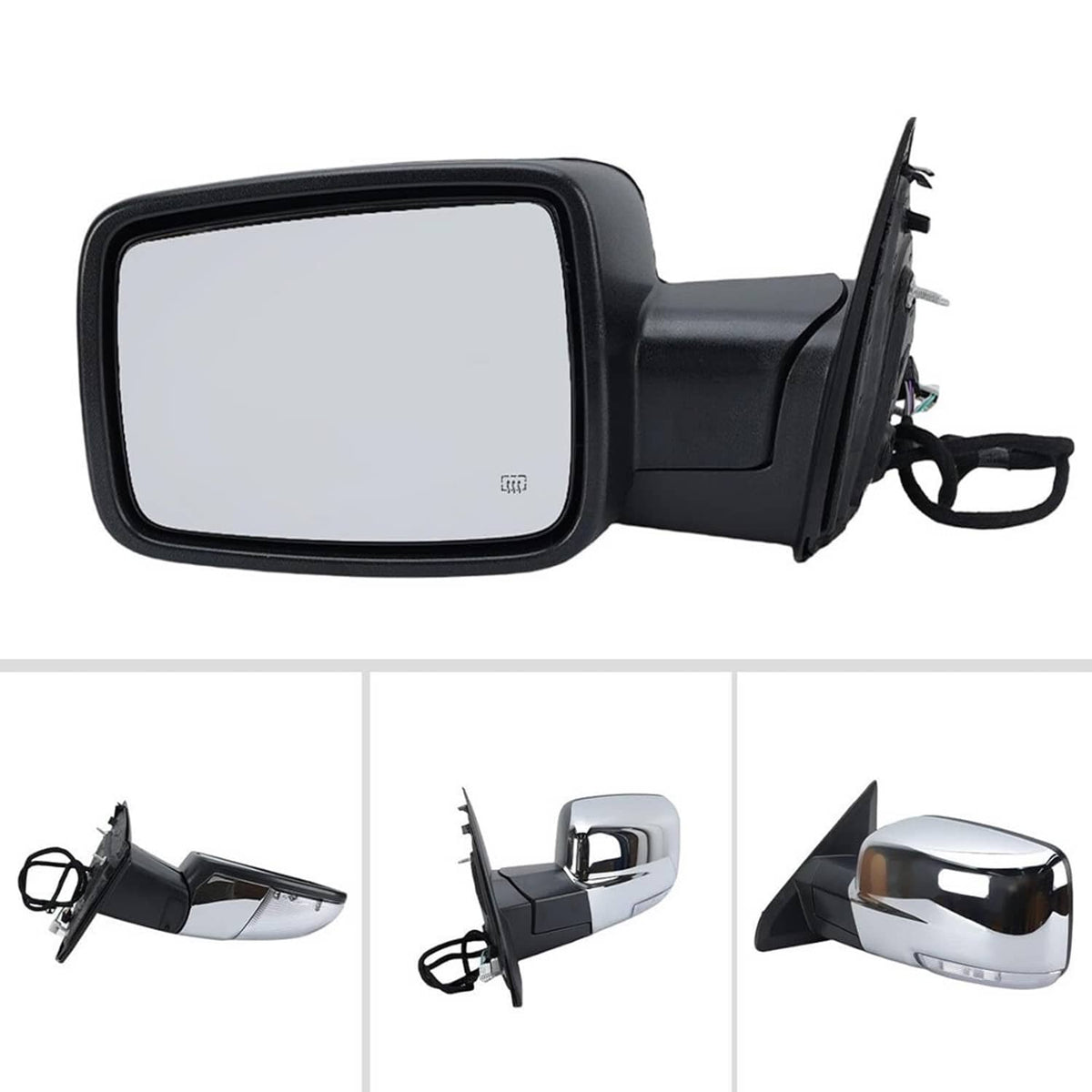 Heated left side towing mirror set showing front, side, and angled views of the housing