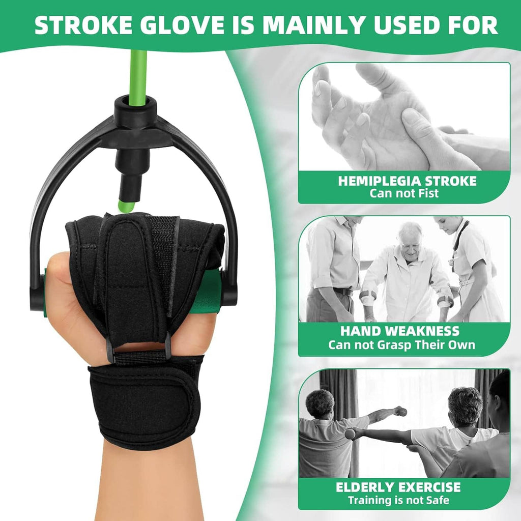 Black stroke rehabilitation hand glove with finger splints and hook-and-loop straps